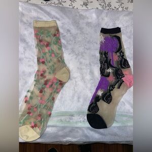 Sheer Patterned Ankle Socks - Floral & Cat Motifs